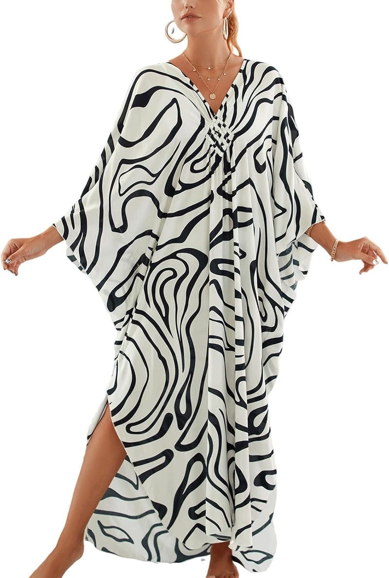 IMAGEKOPE Women's Plus Size Animal Print V-Neck Batwing Kaftan Beach Dress Bathing Suit Cover-Up Loungewear - Image 1